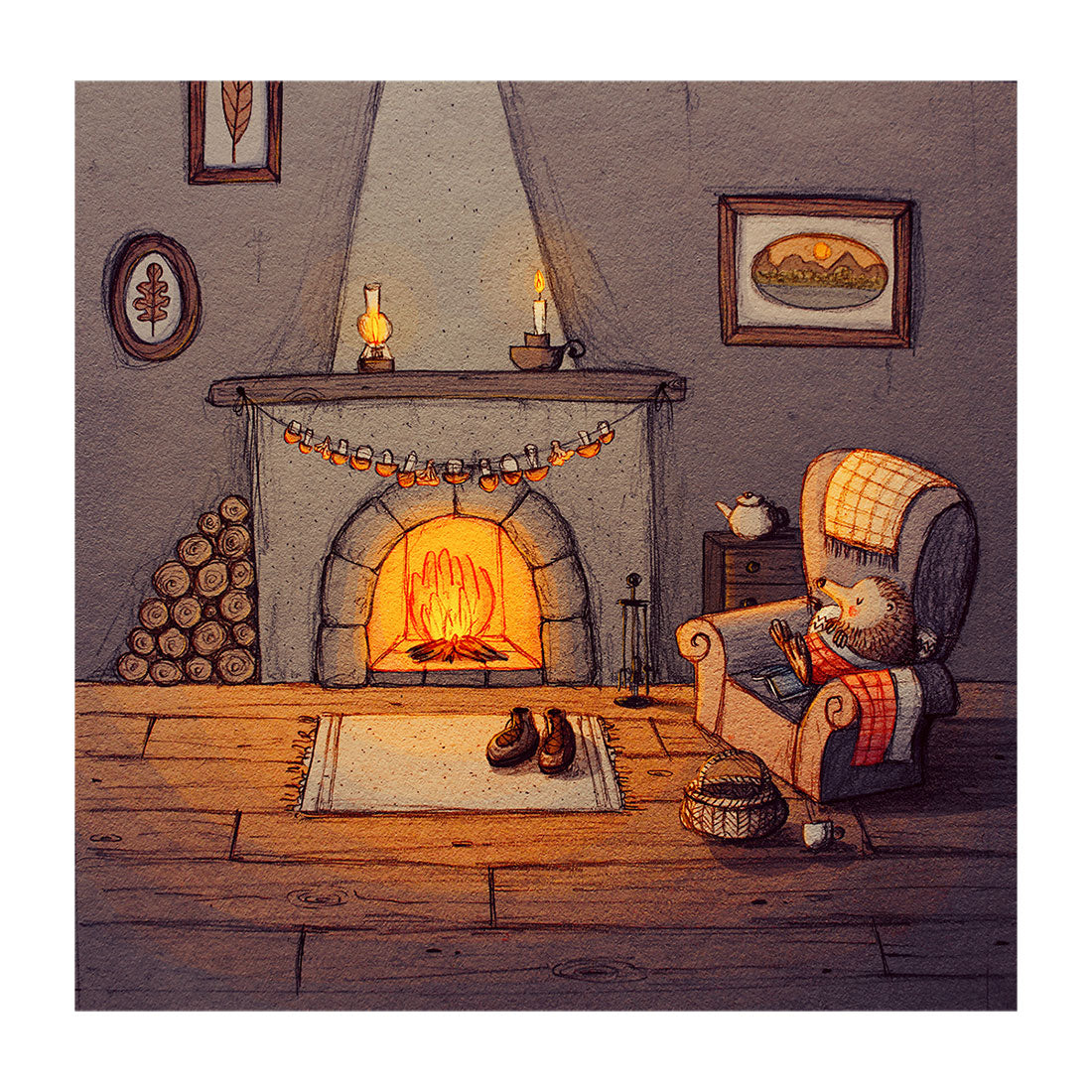 cosy-anthropomorphism-art-print-of-a-hygge-hedgehog