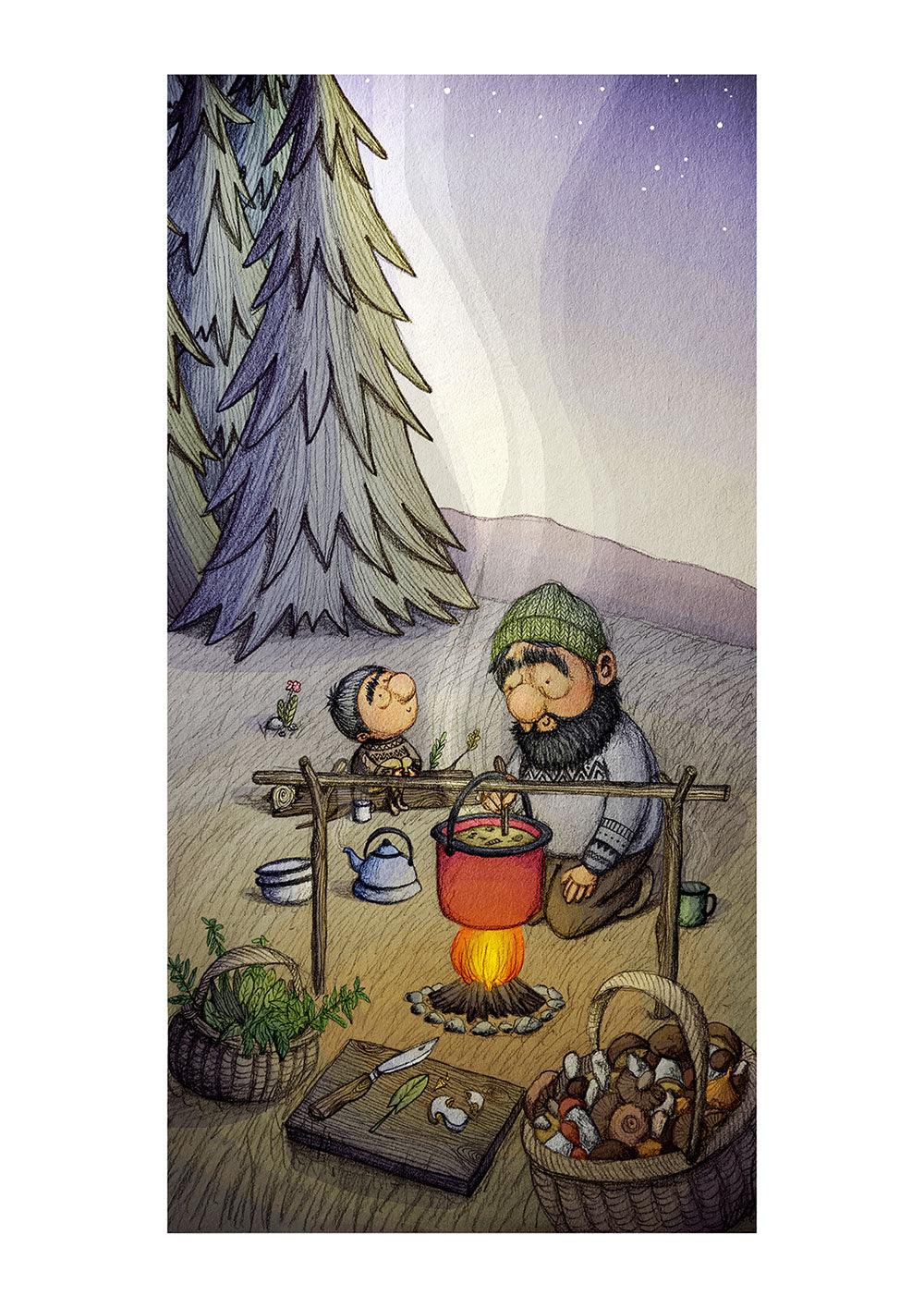 father-and-son-art-print-wild-camping-foraged-feast-childrens-book-illustration-maia-walczak